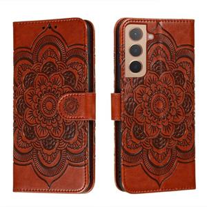 huismerk Voor Samsung Galaxy S22 + 5G Sun Mandala Embossing Pattern Telefoon Lederen Case met Houder & Card Slots & Wallet & Lanyard (Brown)