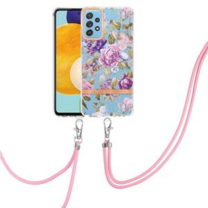 huismerk Voor Samsung Galaxy A52 5G / 4G Bloemen Serie TPU Telefoonhoesje met Lanyard (Purple Peony)