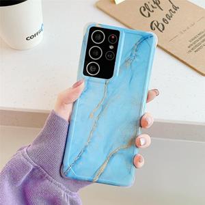 huismerk Voor Samsung Galaxy S21 Plus 5G Four Corners Anti-Shattering Flow Gold Marble IMD Phone Back Cover Case (Sky Blue LD8)