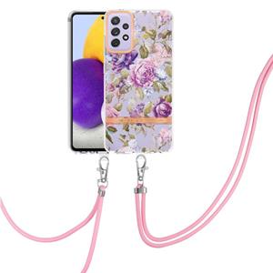 huismerk Voor Samsung Galaxy A72 5G / 4G Bloemen Serie TPU Telefoonhoesje met Lanyard (Purple Peony)