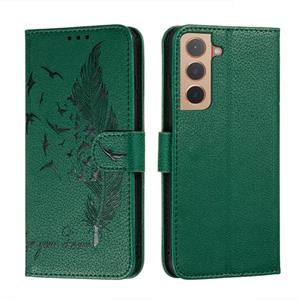 huismerk Voor Samsung Galaxy S22 5G Feather Pattern Litchi Texture Lederen Telefoonhoesje Met Houder & Card Slots & Portemonnee (Groen)