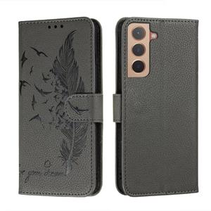 huismerk Voor Samsung Galaxy S22 5G Feather Pattern Litchi Textuur Lederen Telefoonhoesje Met Houder & Card Slots & Portemonnee (Grijs)