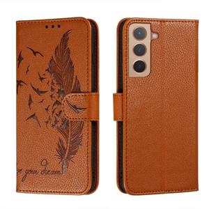 huismerk Voor Samsung Galaxy S22 5G Feather Pattern Litchi Textuur Lederen Telefoonhoesje Met Houder & Card Slots & Portemonnee (Bruin)