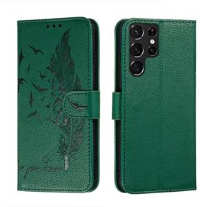 huismerk Voor Samsung Galaxy S22 Ultra 5G Feather Pattern Litchi Texture Lederen Telefoonhoesje Met Houder & Card Slots & Portemonnee (Groen)