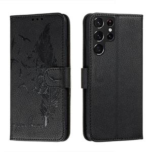 huismerk Voor Samsung Galaxy S22 Ultra 5G Feather Pattern Litchi Texture Lederen Telefoonhoesje Met Houder & Card Slots & Portemonnee (Zwart)