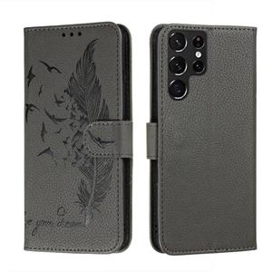 huismerk Voor Samsung Galaxy S22 Ultra 5G Feather Pattern Litchi Textuur Lederen Telefoonhoesje Met Houder & Card Slots & Portemonnee (Grijs)