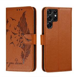 huismerk Voor Samsung Galaxy S22 Ultra 5G Feather Pattern Litchi Textuur Lederen Telefoonhoesje Met Houder & Kaart Slots & Portemonnee (Bruin)