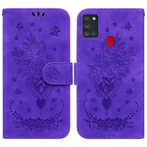 huismerk Voor Samsung Galaxy A21S Butterfly Rose Embosed Leather Case (Purple)