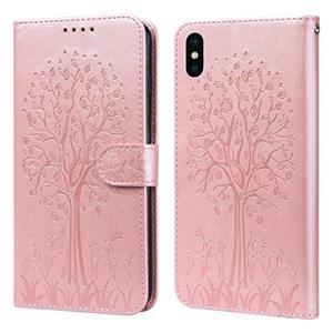 huismerk Tree & Deer patroon geperst afdrukken horizontale flip lederen telefooncase voor iPhone XS max