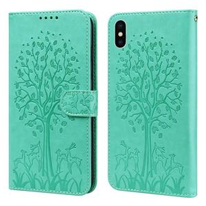 huismerk Tree & Deer patroon geperst afdrukken horizontale flip lederen telefooncase voor iPhone XS max