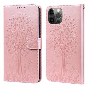 huismerk Tree & Deer patroon geperst afdrukken horizontale flip lederen telefooncase voor iPhone 12 pro max / 13 pro max