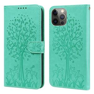 huismerk Tree & Deer patroon geperst afdrukken horizontale flip lederen telefoonhoesje voor iphone 12 pro max / 13 pro max