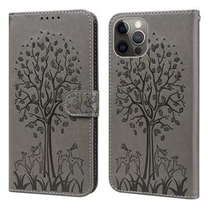 huismerk Tree & Deer patroon geperst afdrukken horizontale flip lederen telefoonhoesje voor iPhone 12 pro max / 13 pro max