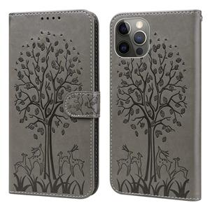 huismerk Tree & Deer patroon geperst afdrukken horizontale flip lederen telefooncase voor iphone 13 pro