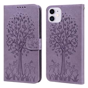 huismerk Tree & Deer patroon geperst afdrukken horizontale flip lederen telefoonhoes voor iphone 13