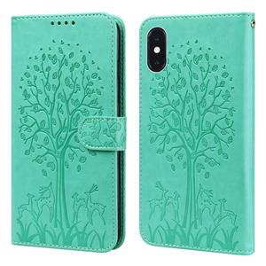 huismerk Tree & Deer patroon geperst afdrukken horizontale flip lederen telefooncase voor iPhone XR