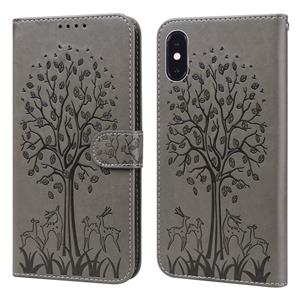 huismerk Tree & Deer patroon geperst afdrukken horizontale flip lederen telefooncase voor iPhone XR