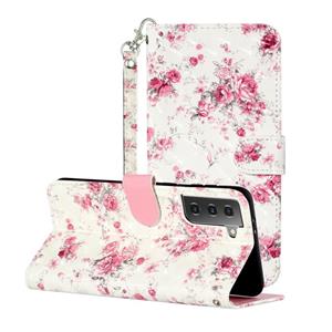 huismerk Voor Samsung Galaxy S21 + 5G 3D patroon horizontale flip lederen hoesje met houder & kaart slots & portemonnee &lanyard (rose bloem)