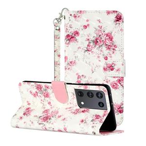 huismerk Voor Samsung Galaxy S21 Ultra 5G 3D Patroon Horizontale Flip Lederen Case met Houder & Kaart Slots & Portemonnee & Lanyard (Rose Flower)