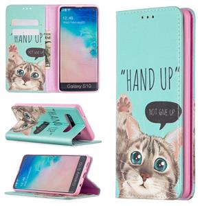 huismerk Voor Samsung Galaxy S10 Gekleurd tekenpatroon Onzichtbaar magnetisch horizontaal flip pu lederen hoesje met houder & kaartslots & portemonnee(Cat)