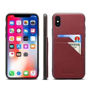 Voor iPhone X / XS Denior V1 Luxe Auto Cowhide Lederen Beschermhoes met dubbele kaart slots (Donkerrood)