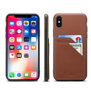 Voor iPhone XR Denior v1 luxe auto koeienhuid lederen beschermhoes met dubbele kaartsleuven (bruin)