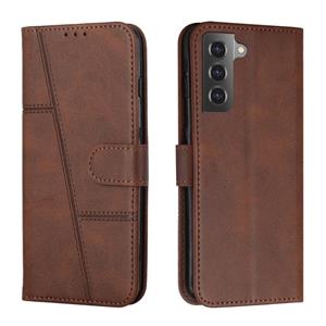 huismerk Voor Samsung Galaxy S22 5G Stitching Calf Texture Gesp Lederen Telefoonhoes (Brown)