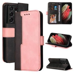 huismerk Voor Samsung Galaxy S21 Ultra 5G Zakelijke Stitching-Color Horizontale Flip PU Lederen Case met Houder & Card Slots & Fotolijst (Pink)