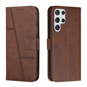 huismerk Voor Samsung Galaxy S22 Ultra 5G Stitching Calf Texture Gesp Lederen Telefoon Case (Brown)