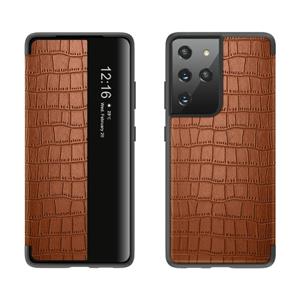 huismerk Voor Samsung Galaxy S21 5G Crocodile Texture Display Window Horizontale Flip Leather Case (Bruin)