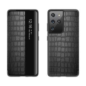 huismerk Voor Samsung Galaxy S21 + 5G Crocodile Texture Display Window Horizontale Flip Leather Case (Zwart)