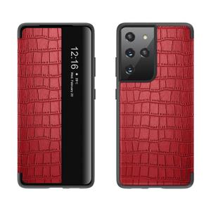 huismerk Voor Samsung Galaxy S21 + 5G Crocodile Texture Display Window Horizontale Flip Leather Case (Rood)