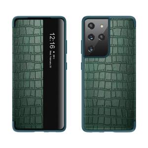 huismerk Voor Samsung Galaxy S21 Ultra 5G Crocodile Texture Display Window Horizontal Flip Leather Case (Groen)