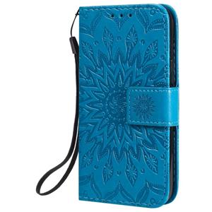 huismerk Voor iPhone 12 Geperst afdrukken Zonnebloempatroon Horizontaal Flip PU Lederen Kast Houder & Kaartslots & Wallet & Lanyard(Blauw)