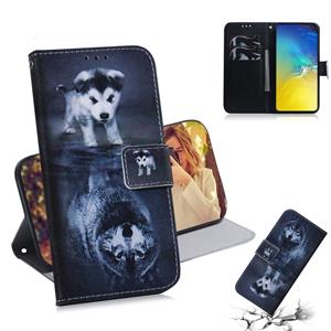 huismerk Wolf en hond patroon gekleurde tekening horizontale Flip lederen case voor Galaxy S10 E met houder & card slots & portemonnee