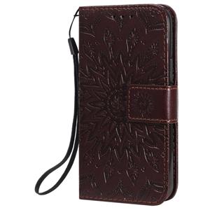 huismerk Voor iPhone 12 Geperst afdrukken Zonnebloempatroon Horizontaal Flip PU Lederen Kast Houder & KaartSlots & Wallet & Lanyard(Bruin)