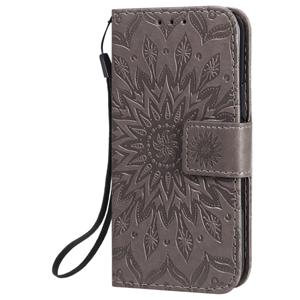 huismerk Voor iPhone 12 Geperst afdrukken Zonnebloempatroon Horizontaal Flip PU Lederen Kast Houder & Kaartslots & Wallet & Lanyard(Grijs)