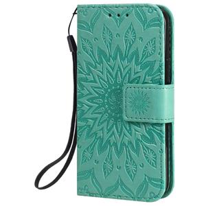 huismerk Voor iPhone 12 Geperst afdrukken Zonnebloempatroon Horizontaal Flip PU Lederen Kast Houder & KaartSlots & Wallet & Lanyard(Groen)