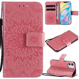 huismerk Voor iPhone 12 mini Geperst Zonnebloempatroon Horizontaal Flip PU Lederen Kast Houder & Kaartslots & Wallet & Lanyard(Roze)