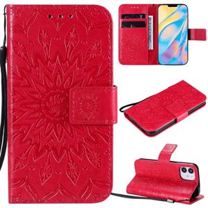 huismerk Voor iPhone 12 mini Geperst Afdrukken Zonnebloempatroon Horizontaal Flip PU Lederen Kast Houder & KaartSloten & Wallet & Lanyard(Rood)