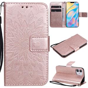 huismerk Voor iPhone 12 mini Geperst Afdrukken Zonnebloempatroon Horizontaal Flip PU Lederen Kast Houder & KaartSloten & Wallet & Lanyard(Rose Gold)