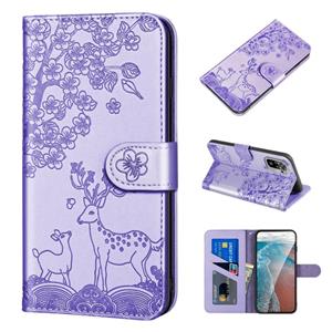 huismerk Voor Xiaomi Redmi Note 10 4G Sika Deer Embossing Patroon Horizontale Flip PU Lederen Case met Houder & Card Slot & Portemonnee & Fotolijst (Paars)