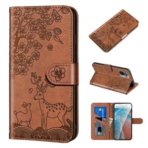 huismerk Voor Xiaomi Redmi Note 10 4G Sika Deer Embossing Patroon Horizontale Flip PU Lederen Case met Houder & Card Slot & Portemonnee & Photo Frame (Brown)