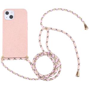 huismerk Tarwe stro materiaal + TPU schokbestendig geval met hals lanyard voor iPhone 13 mini (roze)