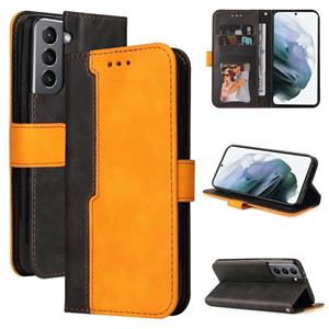 huismerk Voor Samsung Galaxy S21 5G Zakelijke Stitching-Color Horizontale Flip PU Lederen Case met Houder & Card Slots & Fotolijst (Oranje)