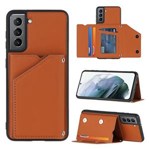 huismerk Voor Samsung Galaxy S21 5G Skin Feel PU + TPU + PC Back Cover Shockproof Case met Card Slots & Holder & Photo Frame(Brown)