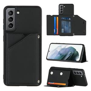 huismerk Voor Samsung Galaxy S21 5G Skin Feel PU + TPU + PC Back Cover Shockproof Case met Card Slots & Holder & Photo Frame(Zwart)