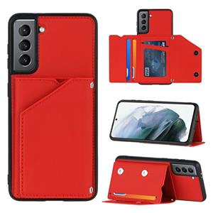 huismerk Voor Samsung Galaxy S21 5G Skin Feel PU + TPU + PC Back Cover Shockproof Case met Card Slots & Holder & Photo Frame(Red)