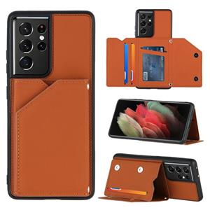 huismerk Voor Samsung Galaxy S21 Ultra 5G Skin Feel PU + TPU + PC Back Cover Shockproof case met Card Slots & Holder & Photo Frame(Brown)