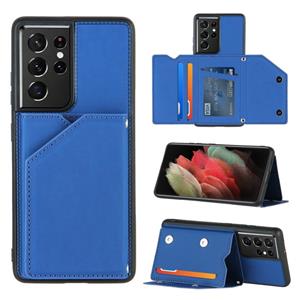 huismerk Voor Samsung Galaxy S21 Ultra 5G Skin Feel PU + TPU + PC Back Cover Shockproof Case met Card Slots & Holder & Photo Frame(Royal Blue)